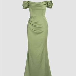 Elegant Green Off-Shoulder Dress Cider Olive Wedding Birthday Medium